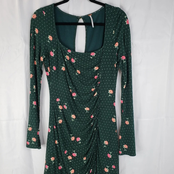 Free People Green Pink Flowers Celine Ruched Key Hole Back Mini Dress Sz S. - Picture 3 of 13